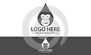 Black and White Color Monkey Face Water Drop Logo Design