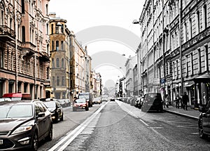 Black &white  and color street, Saint Petersburg