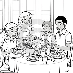 Black and White colored anka family resting Thanksgiving Day feast. Turkey as the main dish of thanksgiving for the harvest