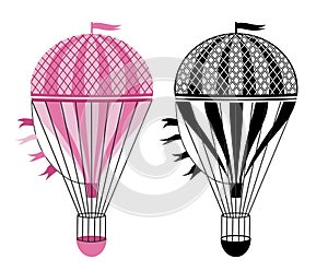 Black and white, colorful hot air balloons. Aerostat illustration. Vector illustration isolated on white background