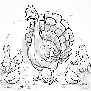Black and White coloring book, adult angry turkey and tiny ones all around. Turkey as the main dish of thanksgiving for the