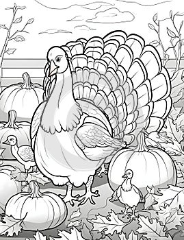 Black and White coloring book adult and turkey bringing out young children around pumpkin farm leaves. Turkey as the main dish of