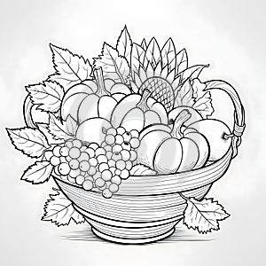 Black and White coloring book, basket full of vegetables and fruits pumpkins peppers, grape leaves. Pumpkin as a dish of