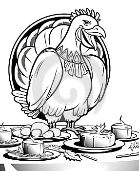 Black and white coloring book, big smiling turkey standing on the table. Turkey as the main dish of thanksgiving for the harvest