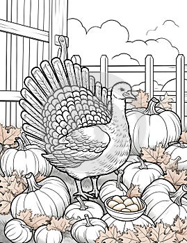 Black and white coloring book a big turkey around pumpkins and maple leaves farm