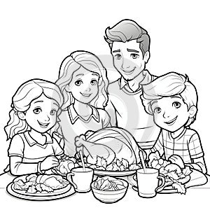 Black and White coloring book happy family at Thanksgiving feast with roast turkey. Turkey as the main dish of thanksgiving for