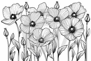 Black and white coloring book illustration of anemones, bold lines, no shading or grayscale. Ai generated