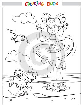 Black and white coloring book or illustration. Joyful girl and dog are jumping into the sea on the beach, a seagull in the sky