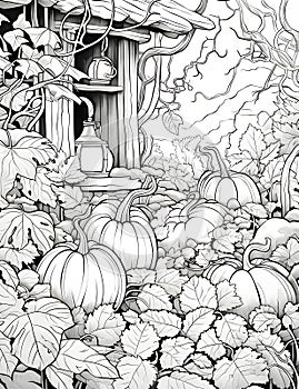Black and White coloring book, mass of leaves, oil lamps and hidden under the leaves pumpkins, vines, roots. Pumpkin as a dish of