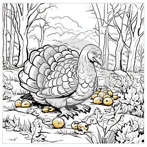 Black and White coloring book sad turkey in the forest around leaves and trees. Turkey as the main dish of thanksgiving for the