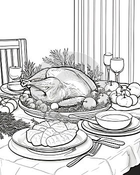 Black and White coloring book table at home with turkey, plates, knives, glasses, vegetables, fruits. Turkey as the main dish of