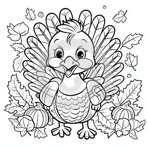 Black and White coloring book, tiny smiling turkey. Turkey as the main dish of thanksgiving for the harvest