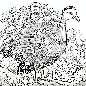 Black and White coloring book turkey around, flowers, leaves, roses. Turkey as the main dish of thanksgiving for the harvest