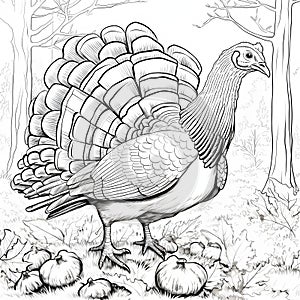 Black and white coloring book and turkey with garlic and leaves all around. Turkey as the main dish of thanksgiving for the