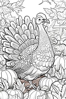 Black and White coloring book, turkey pumpkins and leaves. Turkey as the main dish of thanksgiving for the harvest