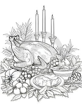 Black and white coloring book. Turkey on the table all around candles grapes pumpkins dishes. Turkey as the main dish of