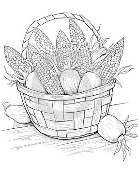 Black and White coloring book wicker basket, full of vegetables, fruits leaves, corn cobs. Corn as a dish of thanksgiving for the