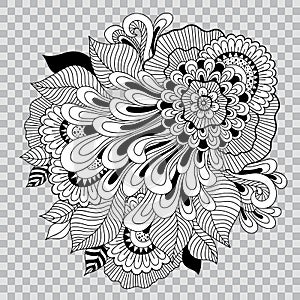 Black and white floral coloring on transparent background. Flower tattoo artwork.