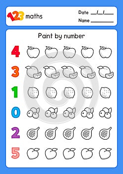 Black and white coloring fruits outline about count numbers in maths subject exercises sheet kawaii doodle vector