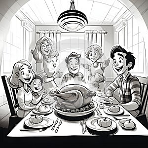 Black and White coloring illustration of a happy family at a holiday table in the middle of a roast turkey, pumpkins. Turkey as