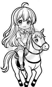 Black and White Coloring Page: 5-Year-Old Girl on Pony Ride Generated by AI