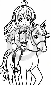 Black and White Coloring Page: 5-Year-Old Girl on Pony Ride Generated by AI