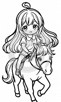 Black and White Coloring Page: 5-Year-Old Girl on Pony Ride Generated by AI