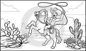 Black and white coloring page cowboy ride the horse