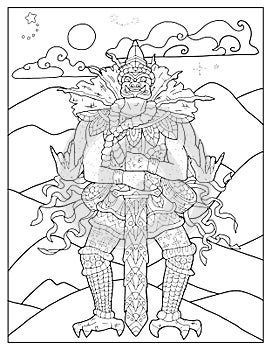Black and white coloring page with ethnic Thailand demons and mythology creature