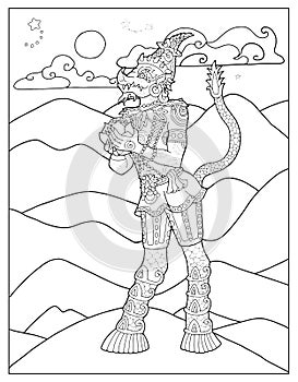 Black and white coloring page with ethnic Thailand demons and mythology creature