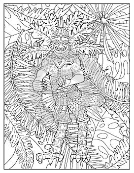 Black and white coloring page with ethnic Thailand demons and mythology creature