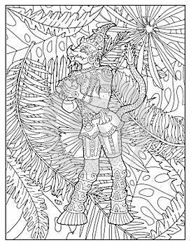 Black and white coloring page with ethnic Thailand demons and mythology creature