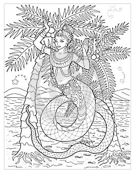 Black and white coloring page with ethnic Thailand demons and mythology creatures