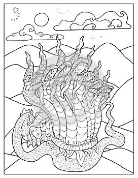 Black and white coloring page with ethnic Thailand demons and mythology creatures