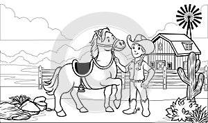 Black and white coloring page happy cowgirl with her horse