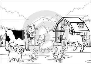 Black and white coloring page happy farm animals gathering photo