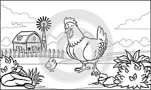 Black and white coloring page hen in the farm with her chick