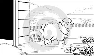 Black and white coloring page sheep in the barn