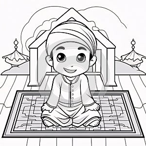 Black and white coloring sheet of a boy in a turban on a rug at prayer. Ramadan as a time of fasting and prayer for Muslims