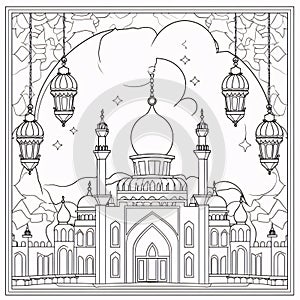 A black and white coloring sheet, hanging lanterns and a large mosque building. Ramadan as a time of fasting and prayer for