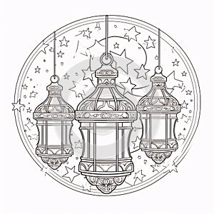 Black and white coloring sheet, hanging lanterns. Ramadan as a time of fasting and prayer for Muslims