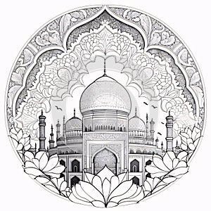 Black and white coloring sheet of a mosque in a circle. Mosque as a place of prayer for Muslims