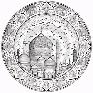 Black and white coloring sheet of a mosque in a circle. Mosque as a place of prayer for Muslims