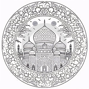 Black and white coloring sheet of a mosque in a circle. Mosque as a place of prayer for Muslims