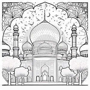 Black and white coloring sheet of a mosque. Mosque as a place of prayer for Muslims