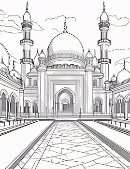 Black and white coloring sheet of a mosque. Mosque as a place of prayer for Muslims