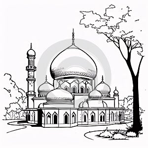 Black and white coloring sheet of a mosque. Mosque as a place of prayer for Muslims