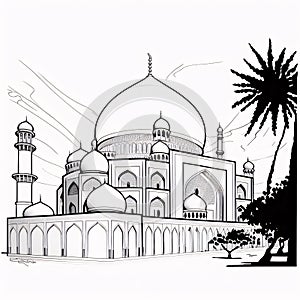 Black and white coloring sheet of a mosque. Mosque as a place of prayer for Muslims