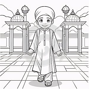 Black and white coloring sheet, a young boy walking against a background of tall towers. Ramadan as a time of fasting and prayer