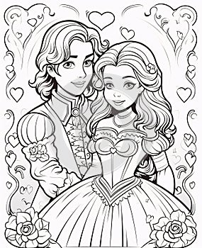 Black and white coloring sheet, a young prince and a princess. Valentine\'s Day as a day symbol of affection and